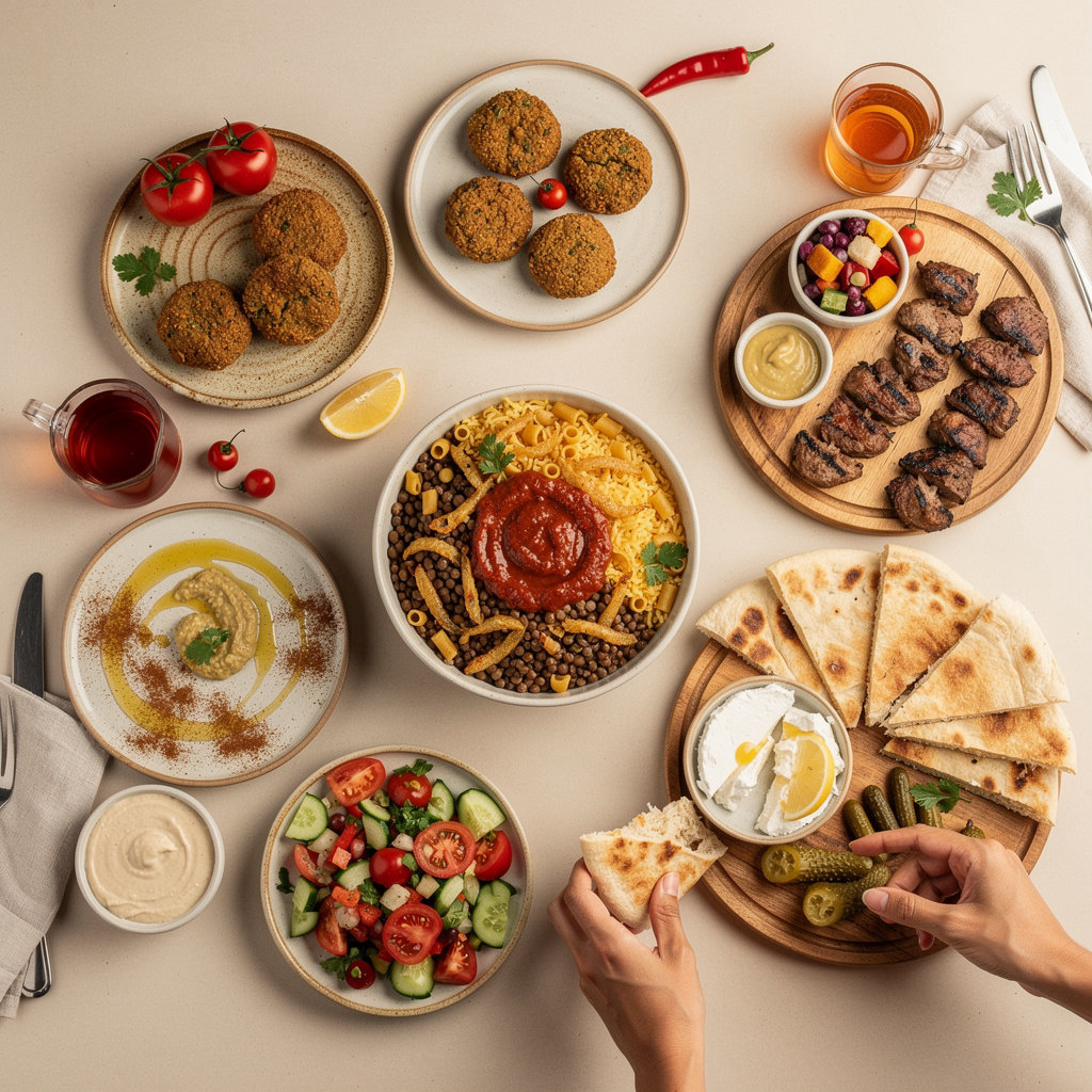 Miss Egypt Restaurant signature Egyptian dishes - traditional koshary, ful wa ta'ameya, grilled meats